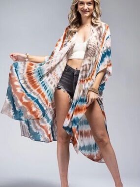 Ruggine OS Hippie Tie Dye Cover Up Kimono Multicolor  Boho Long NWT Western